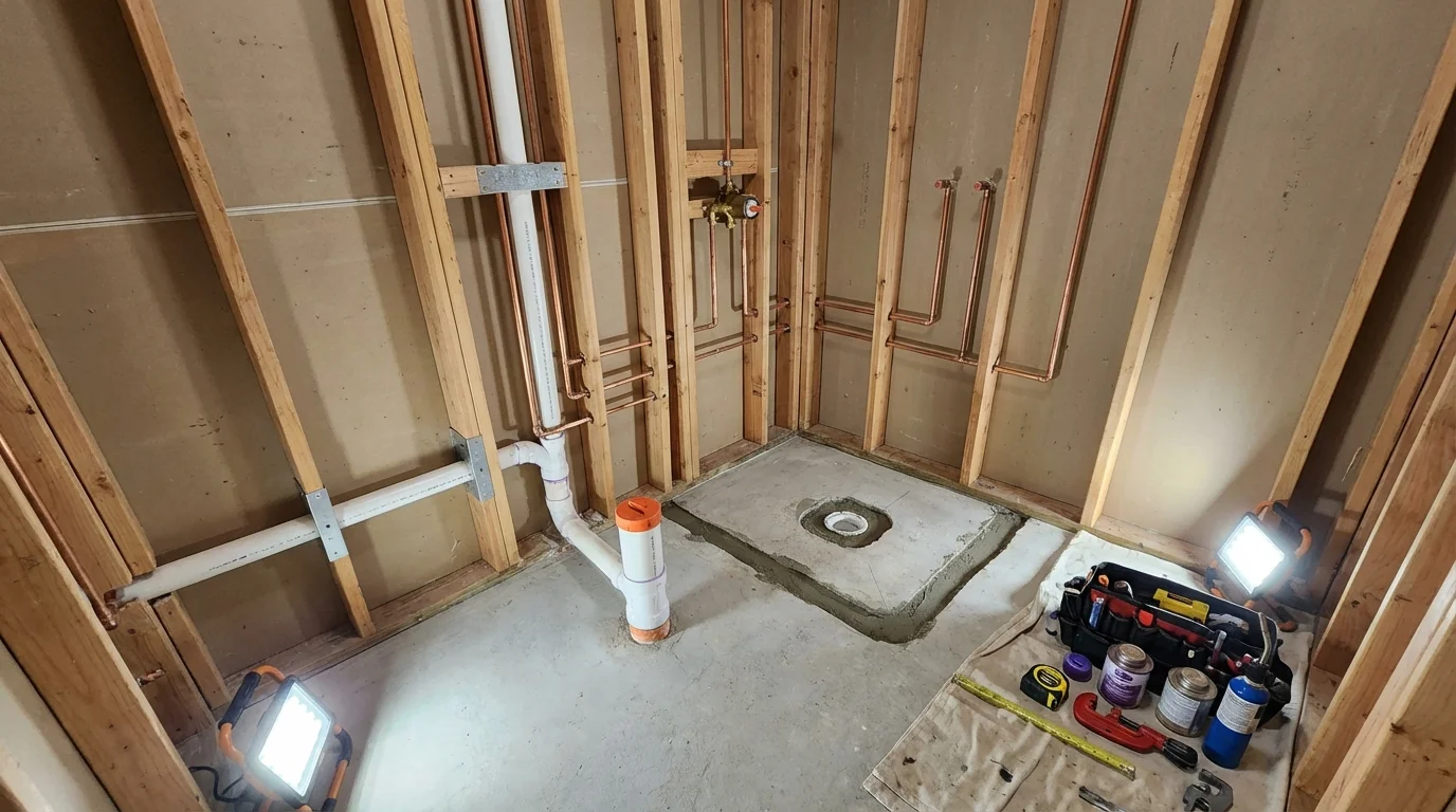 Bathroom rough-in plumbing during remodel by Johns Plumbing LLC in Fairborn
