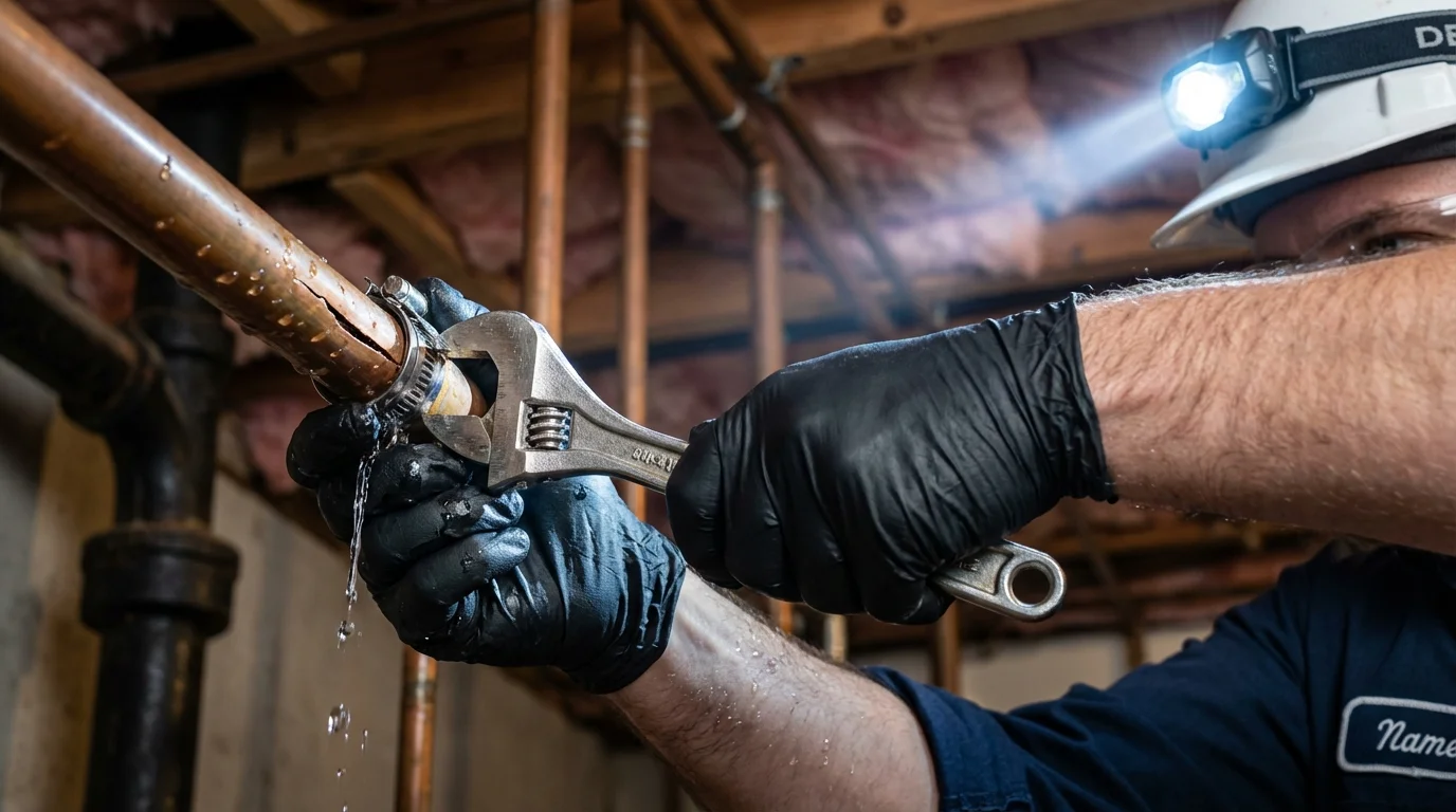 Emergency pipe clamp repair being performed by a Johns Plumbing LLC plumber in Fairborn