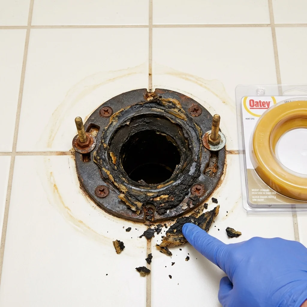 Failed wax ring showing water seepage at the base of a toilet in a Fairborn, OH home